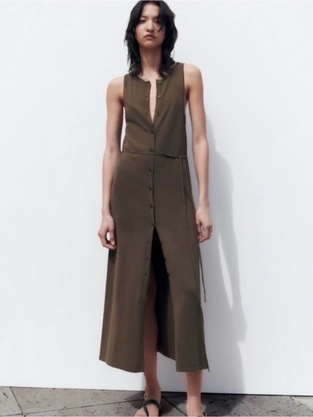 Zara Brown Khaki Belted Button-Front Maxi Dress